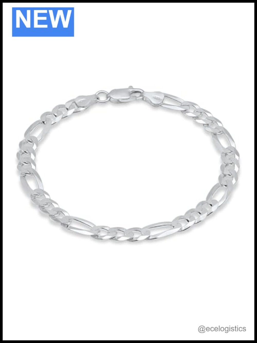 925 Sterling Silver 7mm Diamond-Cut Figaro Link Chain Bracelet 8 Inch Italy